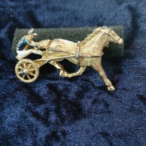 Vintage GERRY Signed Gold Horse and Enamel Jockey Figurine With Spinning Wheel